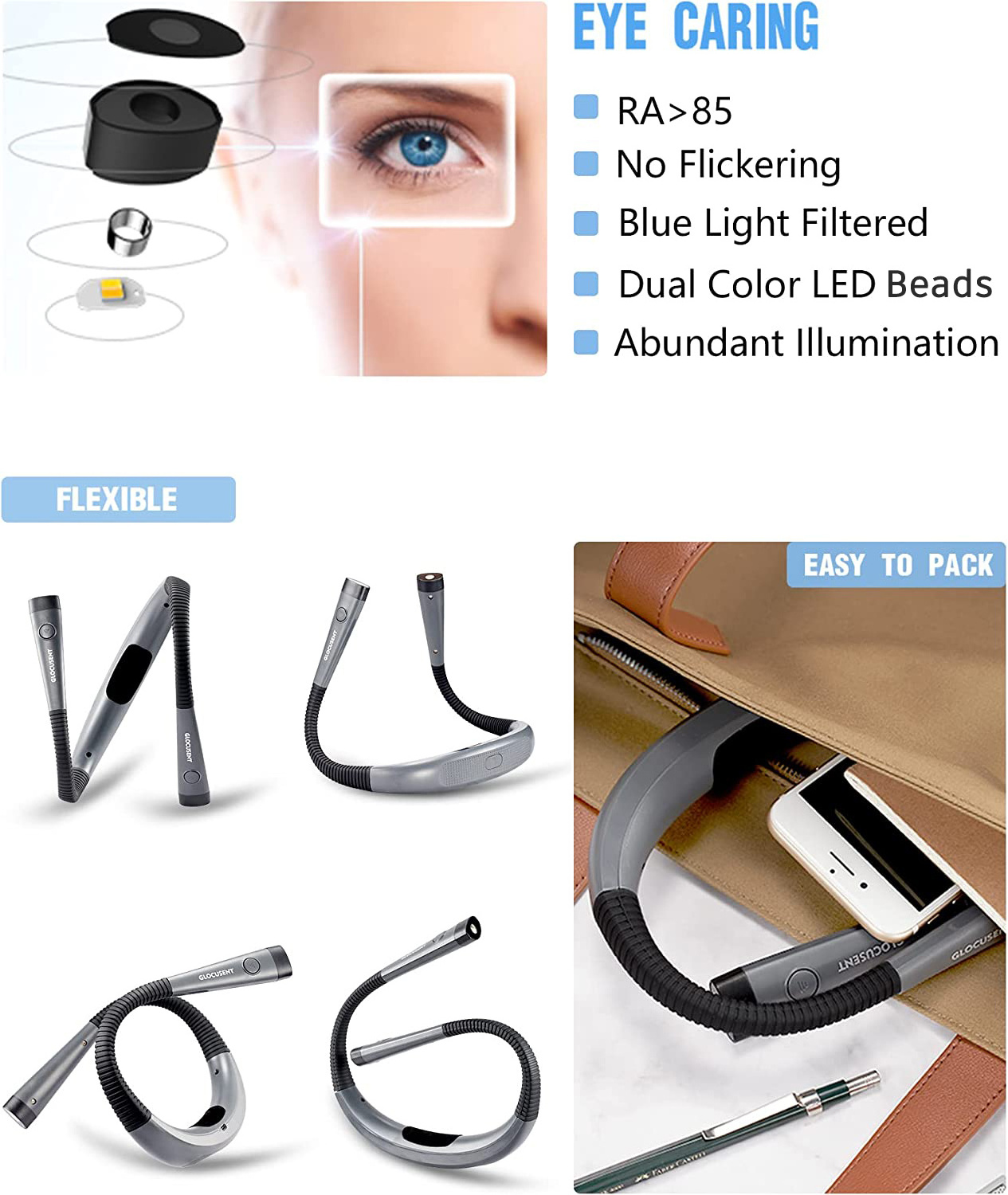 Glocusent Best Portable Type-C Rechargeable 80hrs Lighting Time Flexible Led Neck Reading Book Lamp Light