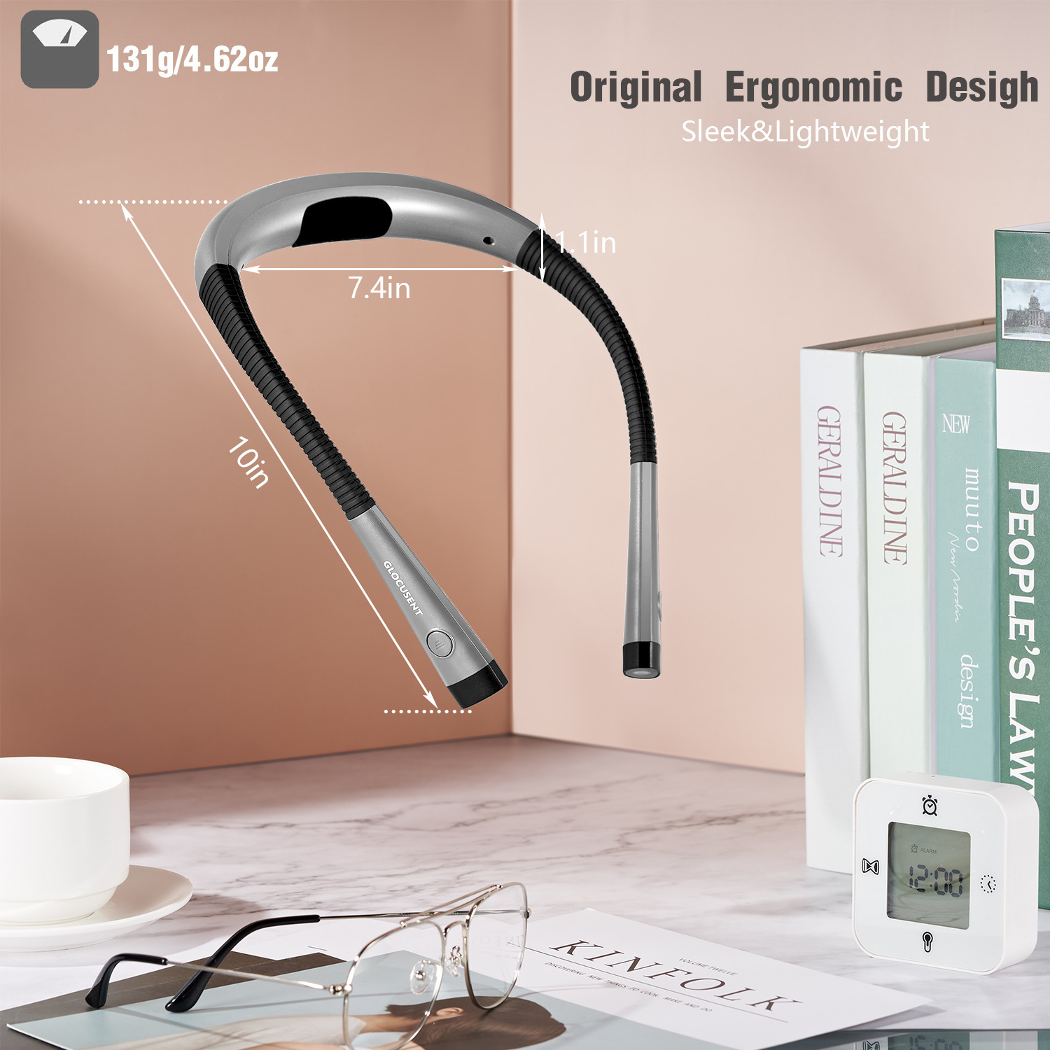 Original design neck reading book light usb rechargeable LED 3 colors 6 brightness bendable arms reading book light for bed