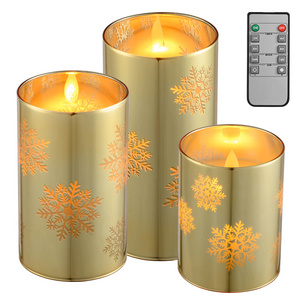 Realistic Flameless LED Battery Operated Snowflake Glass Pillar 4"5"6"x3" Set 3 Cup Candles With Moving Flame & Remote For Home