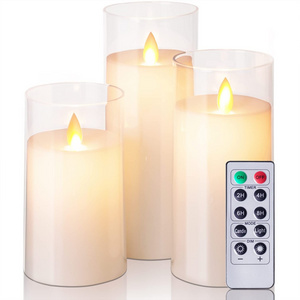 Realistic Flameless LED Battery Operated Acrylic Glass White Pillar 4"5"6"x3" Set 3 Candles With Moving Flame & Remote For Home