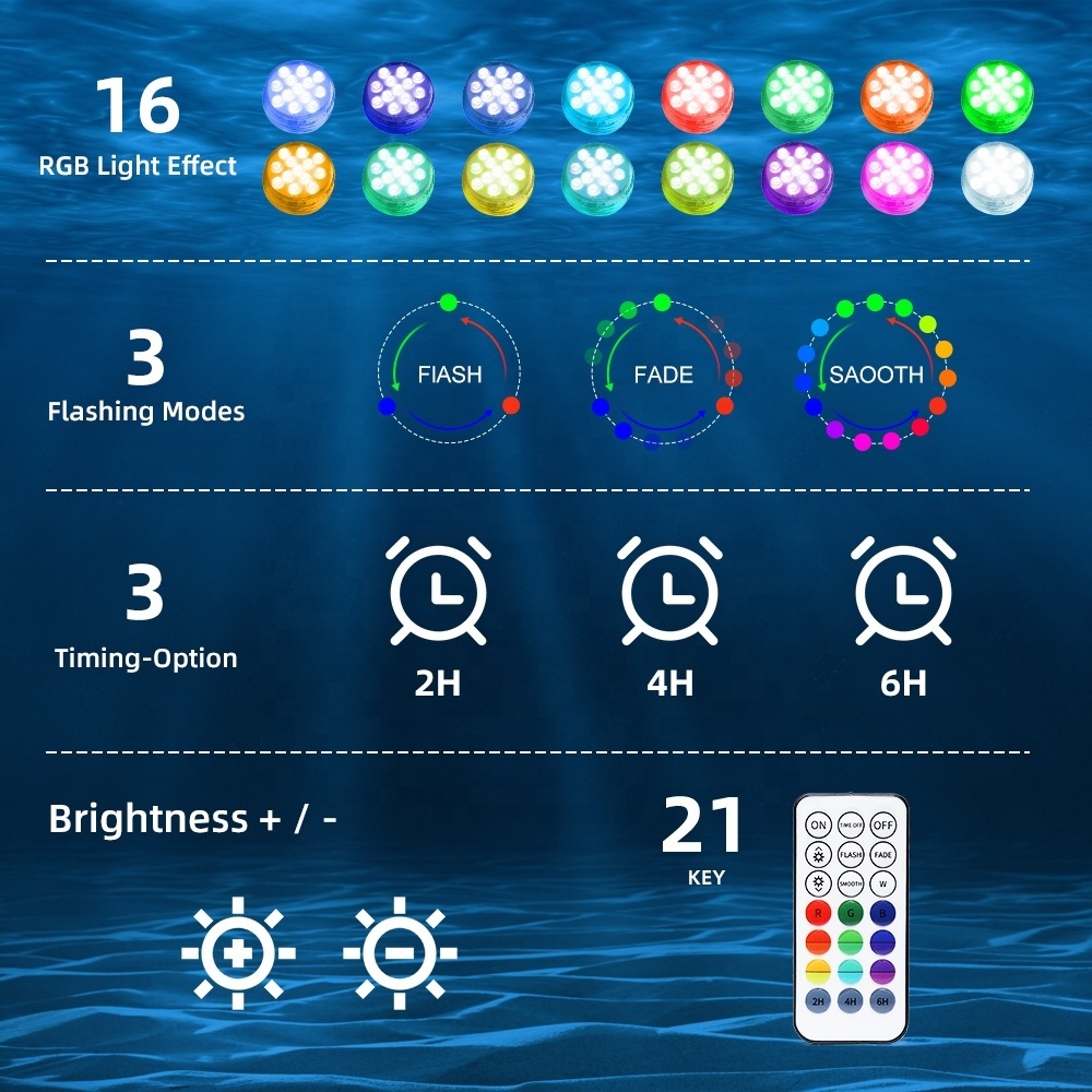 Flashing Pool Light RGB Remote Control IP68 Waterproof Battery Operated Super Bright Fountain Rechargeable Submersible LED Light