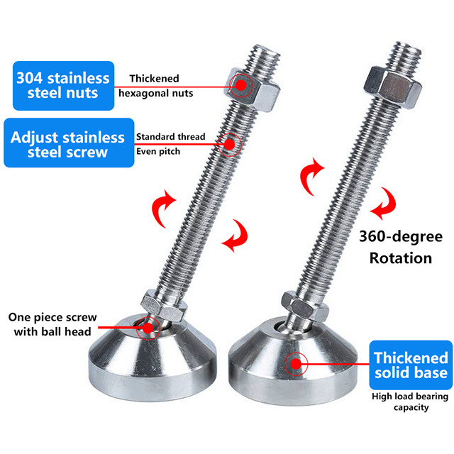 Swivel stud leveler foot 304 stainless steel adjustable feet heavy duty leveling feet m12 with base 40mm 50mm 60mm 80mm