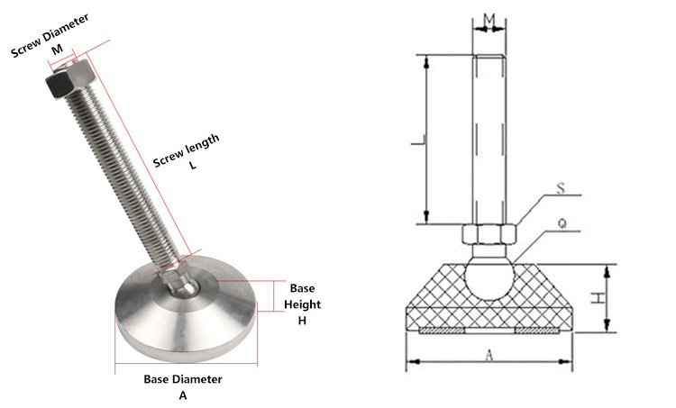 Swivel stud leveler foot 304 stainless steel adjustable feet heavy duty leveling feet m12 with base 40mm 50mm 60mm 80mm