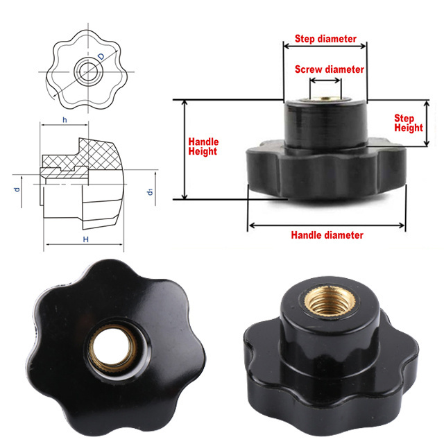 M4 M5 M6 M8 M10 Female Thread Star Handle Nut Knobs Black Plastic Screw-On Handle Clamping Knob