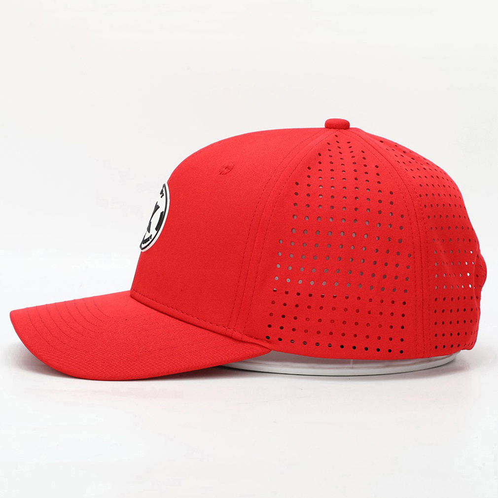 Custom Men 6 Panel Structured Red Polyester Waterproof Cut Hole Patch Sports Baseball Caps