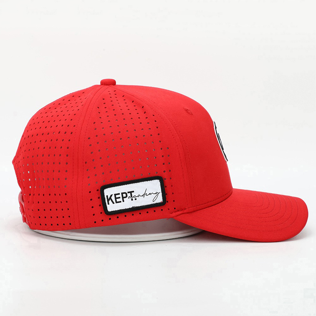 Custom Men 6 Panel Structured Red Polyester Waterproof Cut Hole Patch Sports Baseball Caps