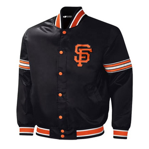 OEM Silk Satin Customized Embroidery Orange Black Baseball Bomber Polyester Fiber Quilted Letterman Varsity mens Jacket