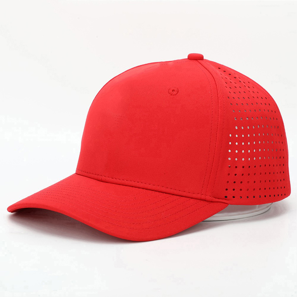 Custom Men 6 Panel Structured Red Polyester Waterproof Cut Hole Patch Sports Baseball Caps