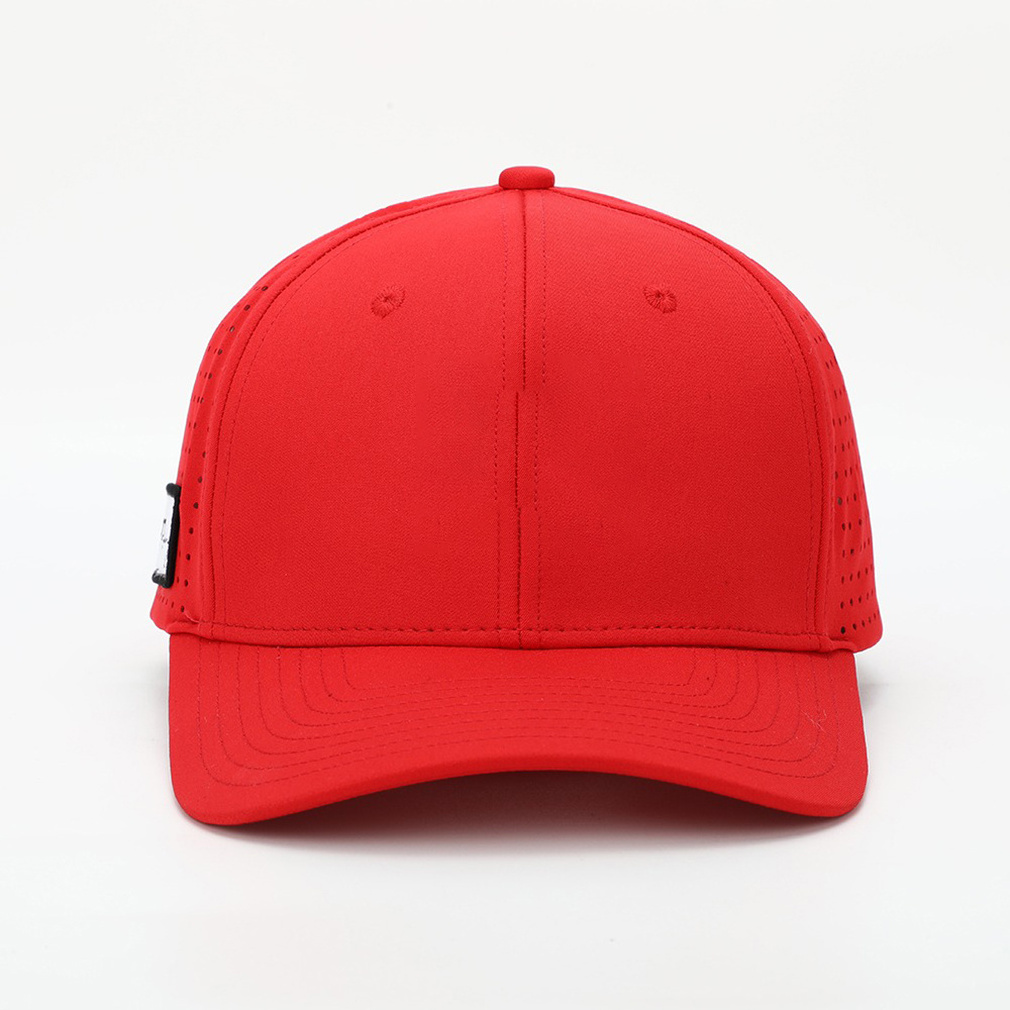 Custom Men 6 Panel Structured Red Polyester Waterproof Cut Hole Patch Sports Baseball Caps