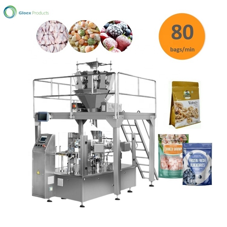 High Speed Full Auto Rotary 1kg Frozen Food Popcorn Bakery Biscuits Stand-up Pouch Multi-head Weigher Packaging Machine