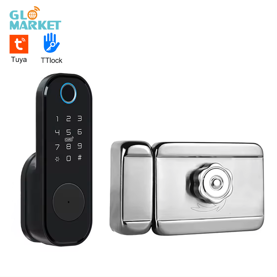 Glomarket Tuya Smart Digital Door Lock Outdoor Double Fingerprint Lock Password Card TTlock Remote Control Smart Rim lock