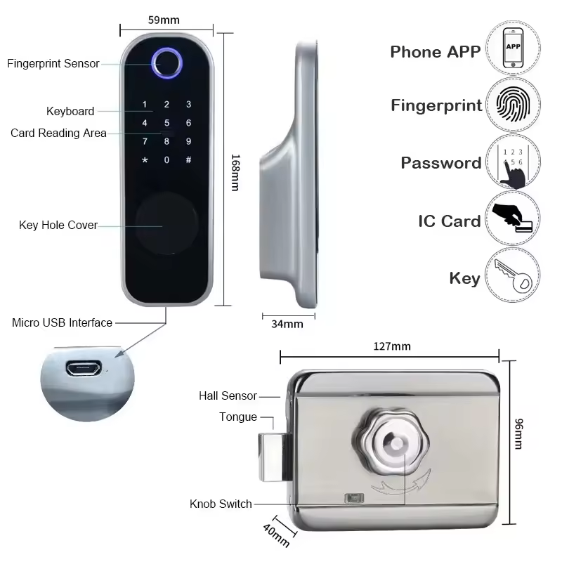 Glomarket Tuya Smart Digital Door Lock Outdoor Double Fingerprint Lock Password Card TTlock Remote Control Smart Rim lock