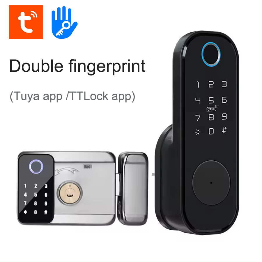 Glomarket Tuya Smart Digital Door Lock Outdoor Double Fingerprint Lock Password Card TTlock Remote Control Smart Rim lock