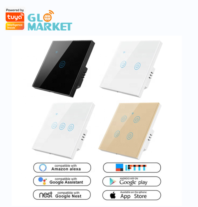 Glomarket EU 1/2/3/4 Gang Tuya Smart Switch Light Alexa Voice Control Touch Glass Wall Wireless WiFi Electrical Switch