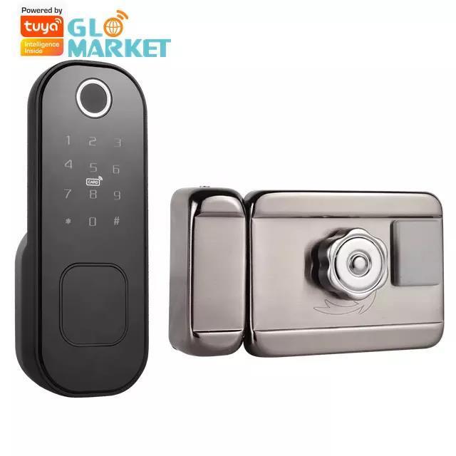 Glomarket Smart Tuya Door Lock Waterproof Smart Electric Rim Lock with Wifi Outdoor Gate Door Fingerprint Mortise Lock