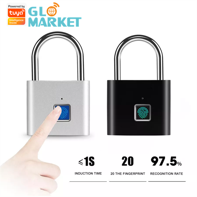 Glomarket Security Fingerprint Smart Pad Lock Keyless Rechargeable Electronic Padlocks Waterproof Zinc Alloy  Steel Lock