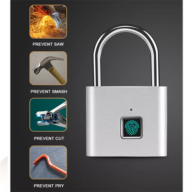 Glomarket Security Fingerprint Smart Pad Lock Keyless Rechargeable Electronic Padlocks Waterproof Zinc Alloy  Steel Lock