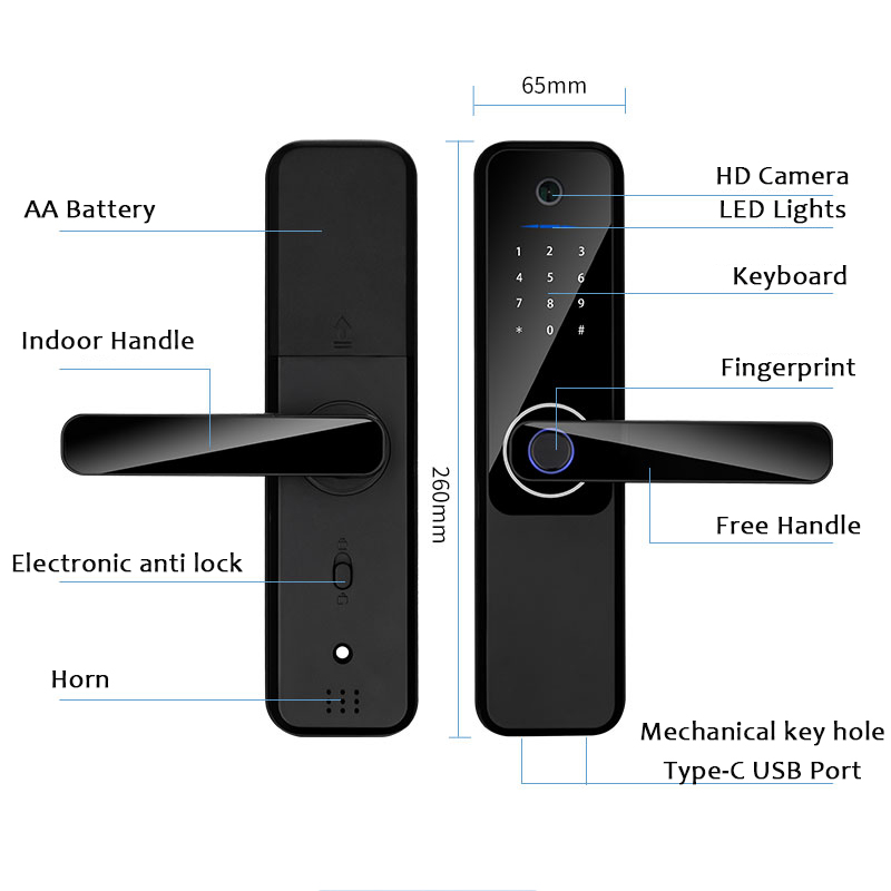 Glomarket Wifi Biometric Electronic Tuya App Remote Smart Lock Smart Fingerprint Door Lock with cat eye