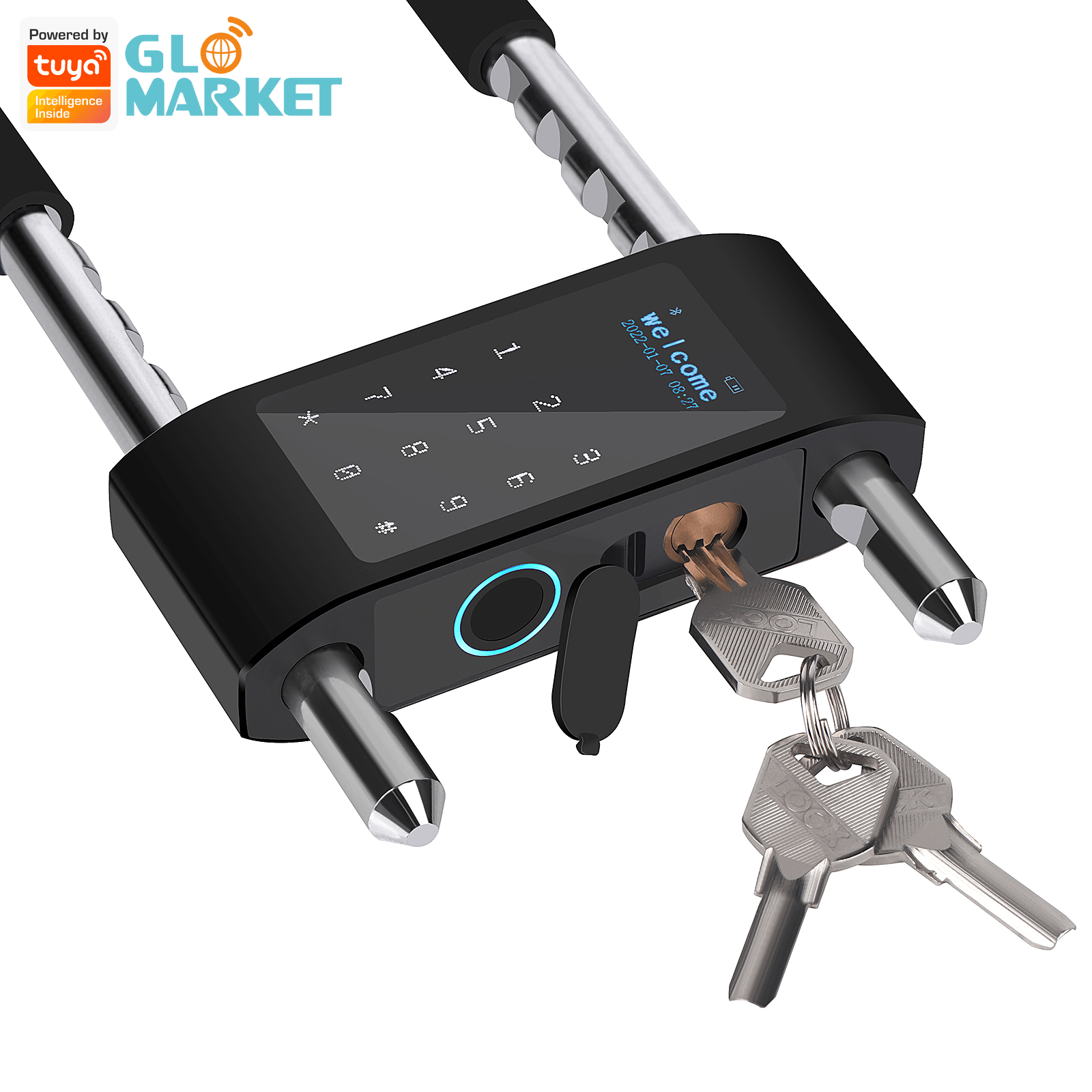 Glomarket Automatic Smart Tuya Fingerprint Lock Warehouse Electronic Hook Padlock Usb Charge U Shape Bike Lock