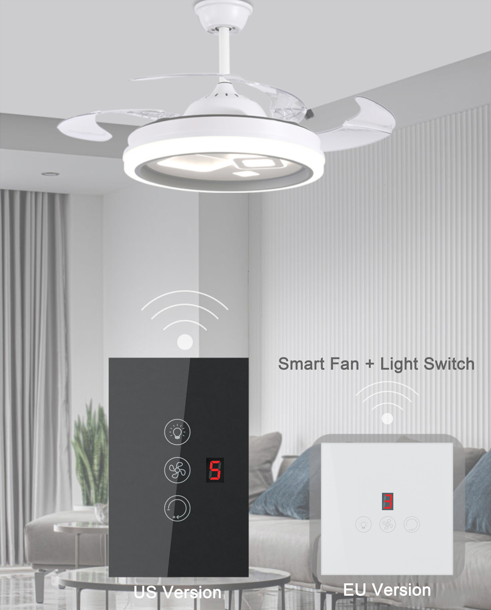 Glomarket Tuya Wifi Smart Fan Switch Tuya Smart Switch Fan Speed Light On Off Voice Control Control Switch EU /US Standard