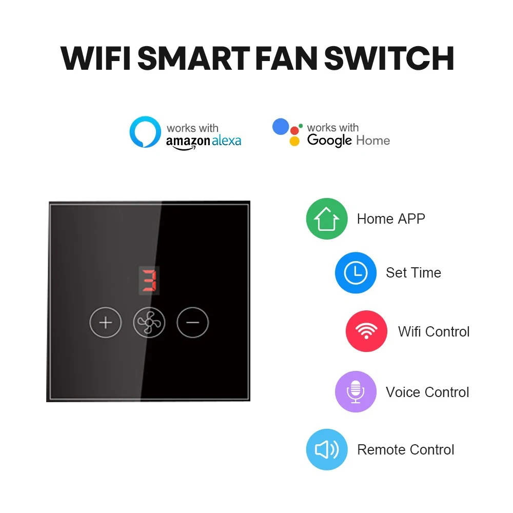 Glomarket Tuya Smart Wifi Ceiling Fan Switch Eu Standard Glass Touch Wall App Remote Control  Electrical Fan Speed Switch