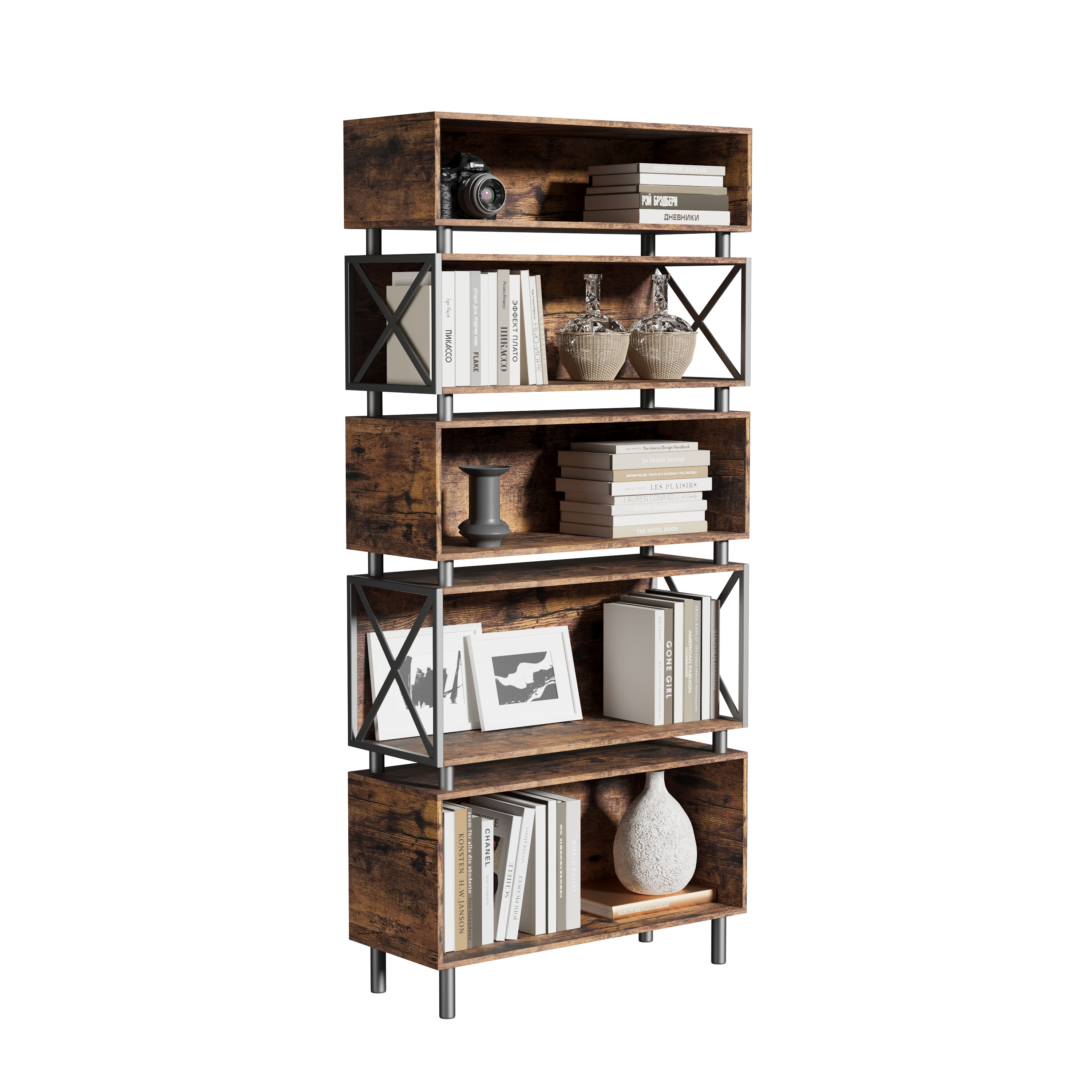 AmoyGlong 5 Tier Industrial Bookshelf with cabinets Standing Storage Shelf Display Shelving Units for Living Room Bedroom