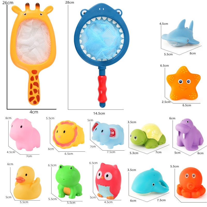 Factory Children's Rubber Marine Animal Shark Fish Turtle Bath Toy With Fishing Net Water Floating Squirt Bath Toy For Toddlers