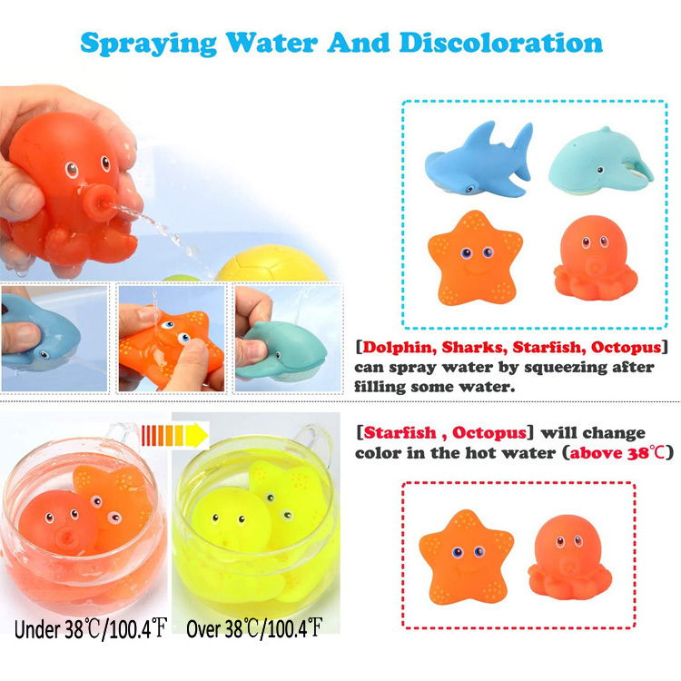 Factory Children's Rubber Marine Animal Shark Fish Turtle Bath Toy With Fishing Net Water Floating Squirt Bath Toy For Toddlers