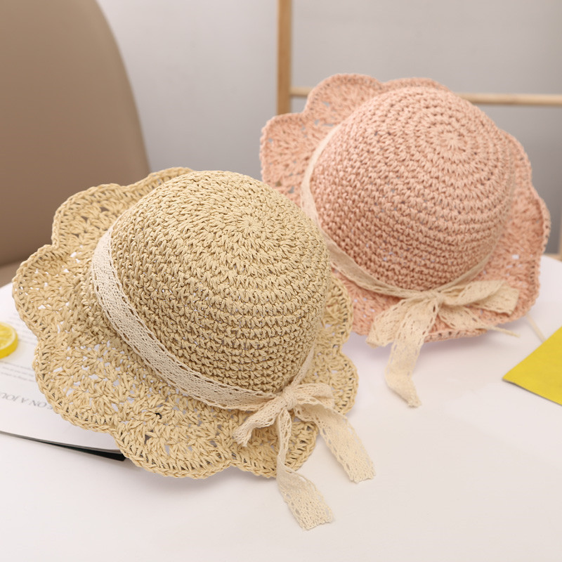 Summer Children's Straw Hats Baby Girls Breathable Lace Cap Bow Beach Hat Kids Wide Brim Kids Princess Travel Sunshade Hat