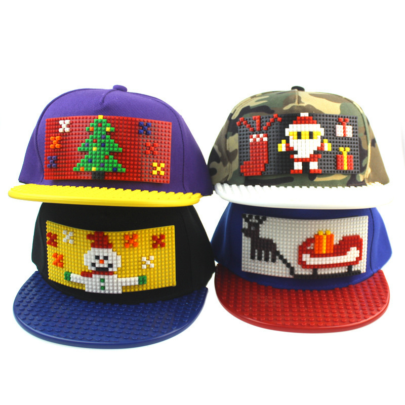 Customized Logo Cartoon Pattern Christmas Snowman Pixel Block Puzzle Baseball Cap DIY Block Flat Brim Hat Hip Hop Snapback Cap