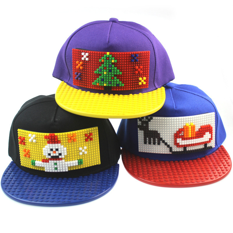 Customized Logo Cartoon Pattern Christmas Snowman Pixel Block Puzzle Baseball Cap DIY Block Flat Brim Hat Hip Hop Snapback Cap