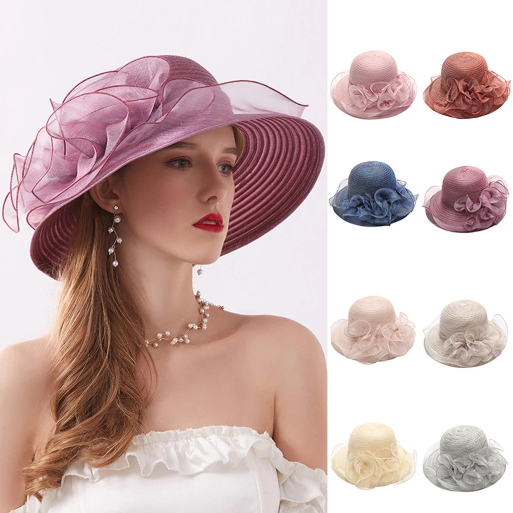 Women's Summer Women Wedding Formal Organza Wide Brim Hat Church Fascinator Bridal Tea Party Hat