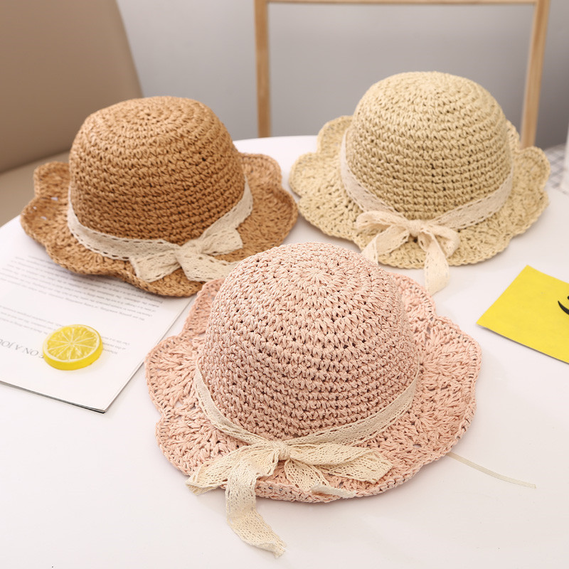 Summer Children's Straw Hats Baby Girls Breathable Lace Cap Bow Beach Hat Kids Wide Brim Kids Princess Travel Sunshade Hat