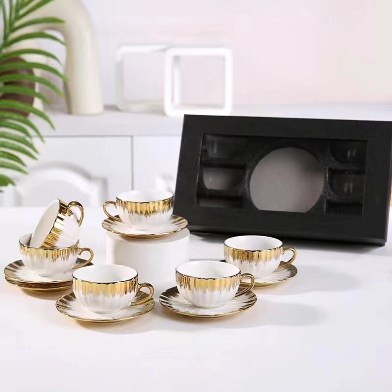 Modern Gold Rimmed Porcelain Coffee Cups Set with Handgrip Ceramic Afternoon Tea Mugs Saucer and Tray Set for Tea Sets