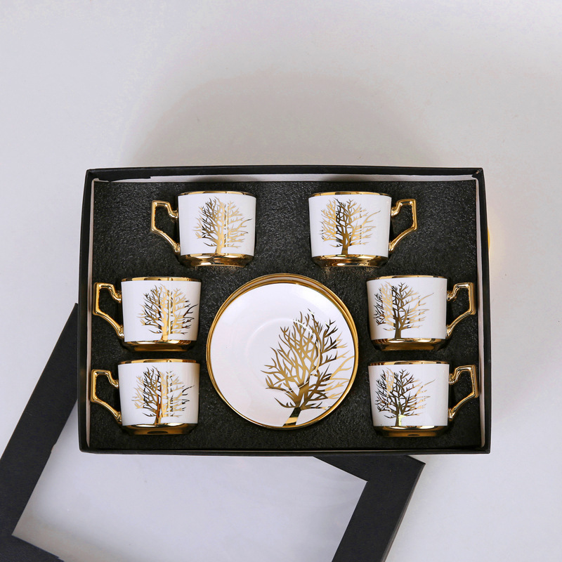 Classic Golden Ceramic Coffee Cup Set with Handgrip Luxury Eco-friendly Espresso and Tea Cups & Saucers Tray for Parties