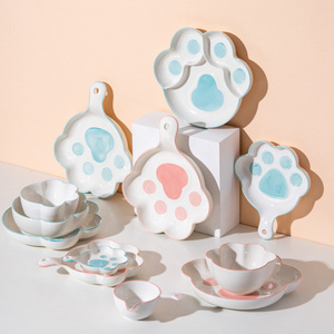 Classic Cute Ceramic Dinner Plate Set Cat Paw Shape Dish Cartoon Candy Bowl and Plates for Kitchen Accessories Cookware