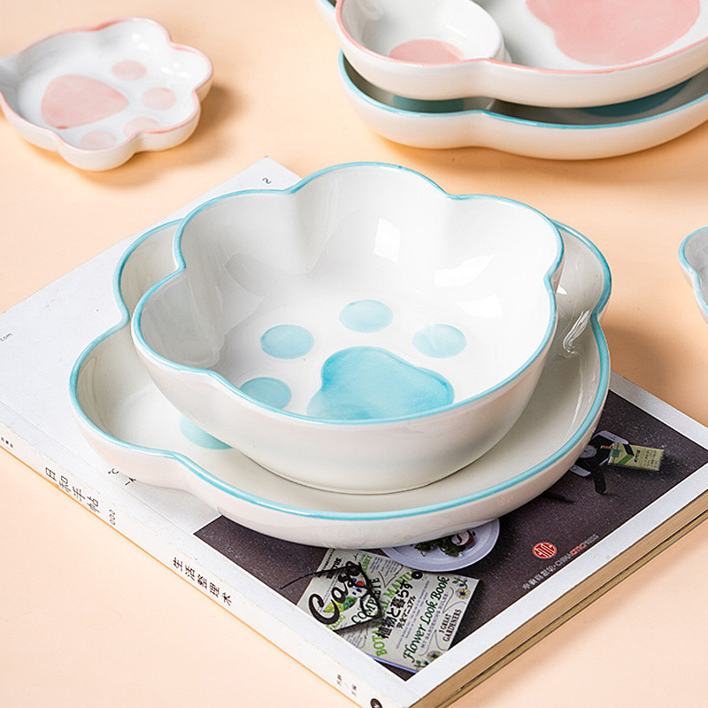 Classic Cute Ceramic Dinner Plate Set Cat Paw Shape Dish Cartoon Candy Bowl and Plates for Kitchen Accessories Cookware