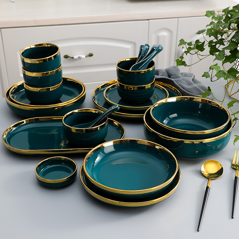 Luxury Ceramic Dinnerware Set for Restaurant & Hotel Elegant Green round Dinner Plates Dishes Salad Soup Bowl Party Occasions