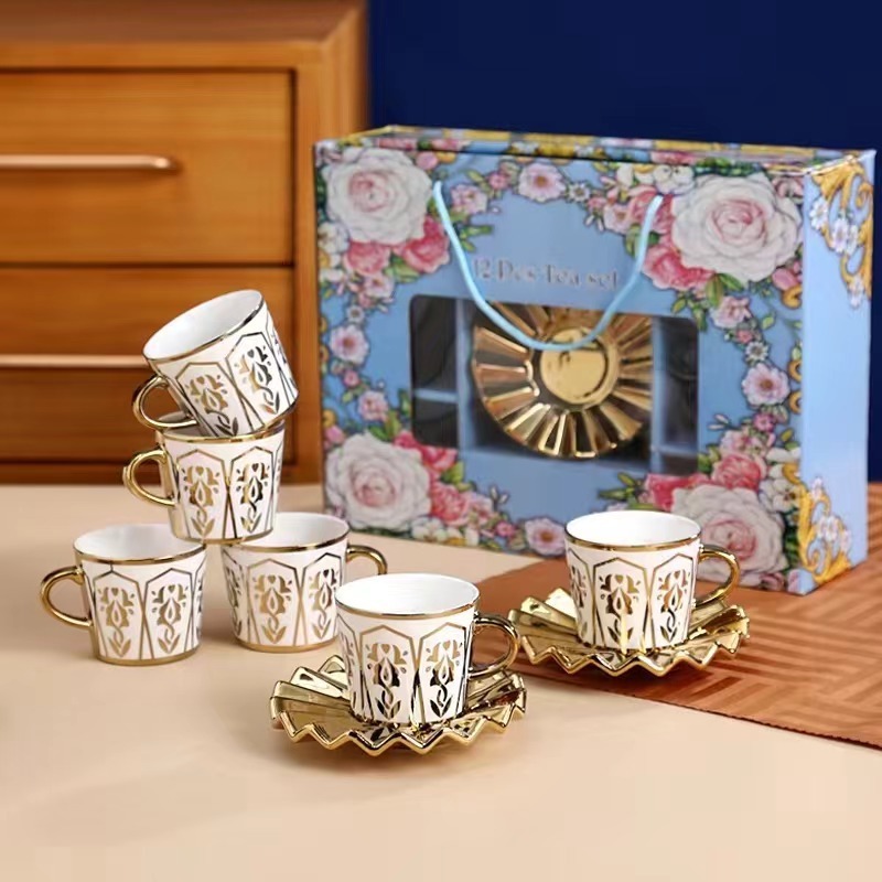 Modern Design Ceramic Turkish Arabic Coffee Set with Handgrip 6 Cups with 6 Saucer and Tray for Afternoon Tea