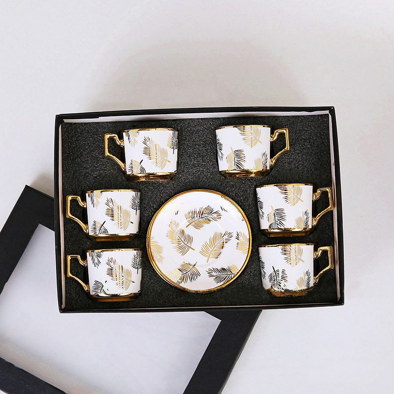 Classic Golden Ceramic Coffee Cup Set with Handgrip Luxury Eco-friendly Espresso and Tea Cups & Saucers Tray for Parties