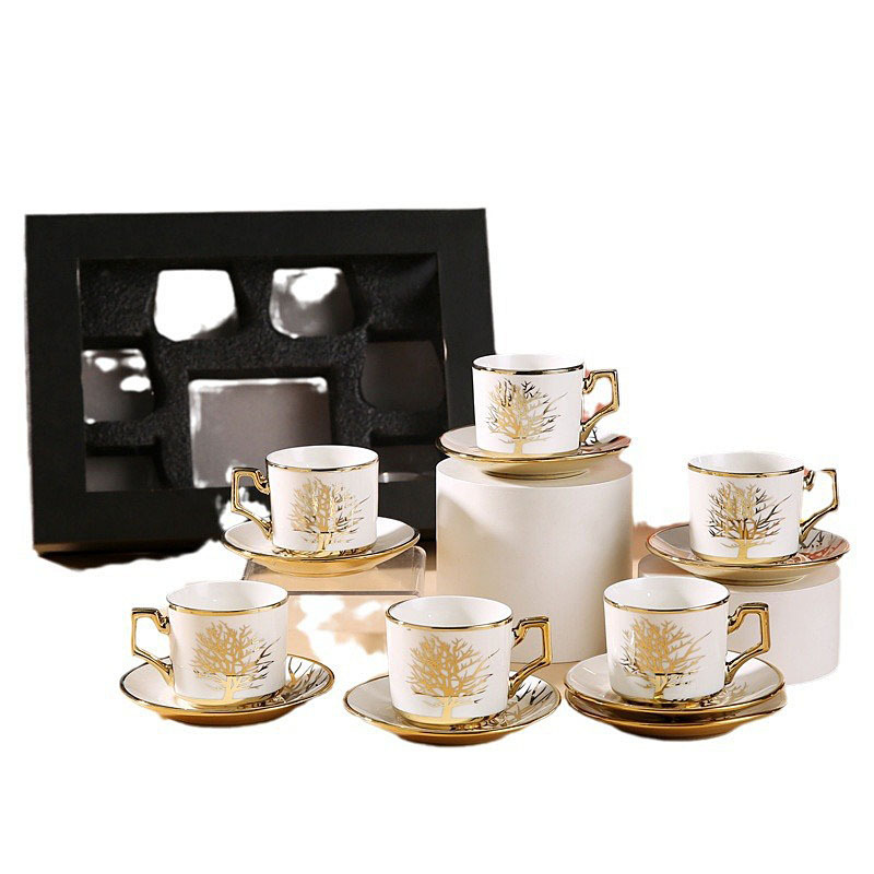 Classic Golden Ceramic Coffee Cup Set with Handgrip Luxury Eco-friendly Espresso and Tea Cups & Saucers Tray for Parties