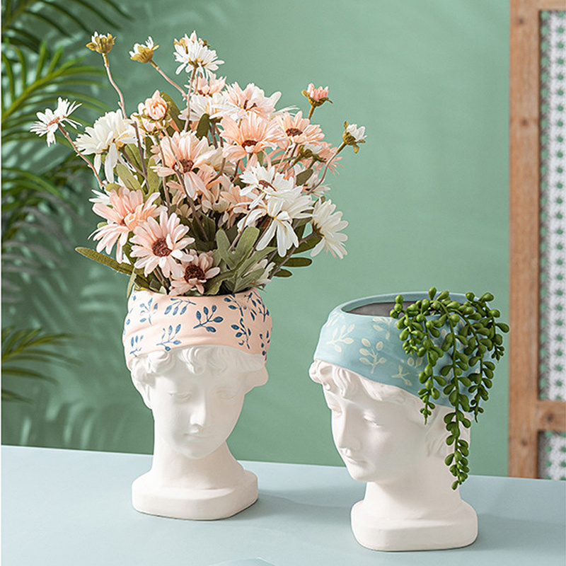 Modern Nordic Style Creative Ceramic Portrait Vase Human Head Flower Vases with Decorative Girl Sculpture Art Decor Ornament