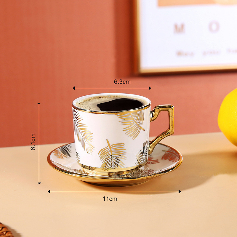 Classic Golden Ceramic Coffee Cup Set with Handgrip Luxury Eco-friendly Espresso and Tea Cups & Saucers Tray for Parties