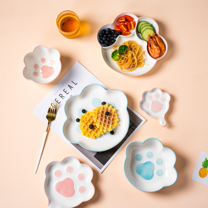 Classic Cute Ceramic Dinner Plate Set Cat Paw Shape Dish Cartoon Candy Bowl and Plates for Kitchen Accessories Cookware