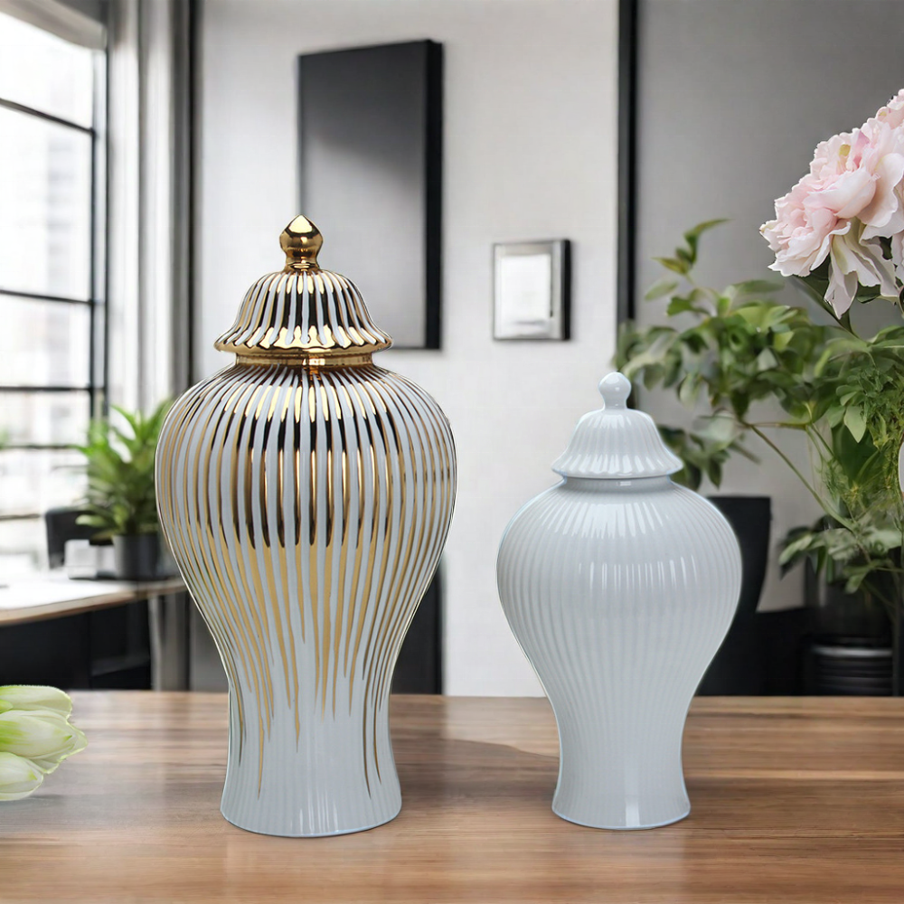 Modern Unique Ceramic Wedding Flower Vase with Lid Big Porcelain Style Tabletop Vase for Home Decor