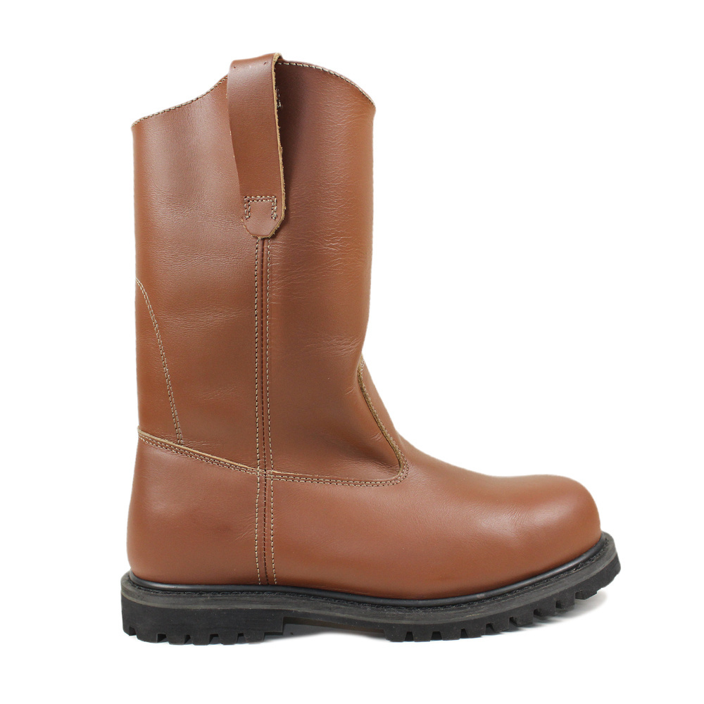 Brown full grain leather steel toe wedge pull on work boots