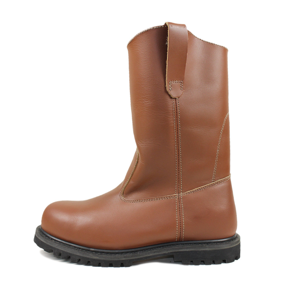 Brown full grain leather steel toe wedge pull on work boots