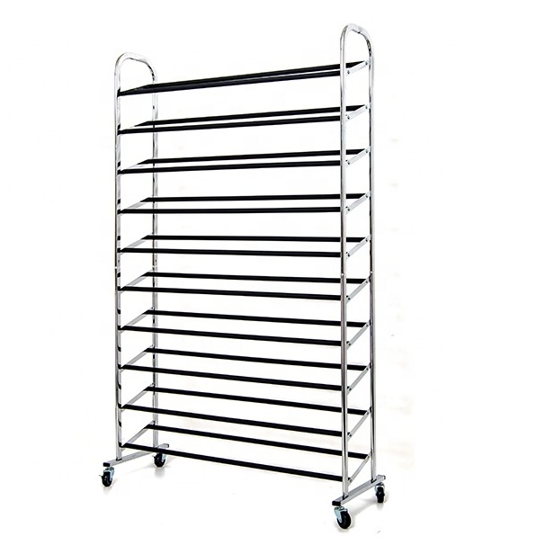 10 Tier Standing Shoe Rack with Locking Wheels-Chrome