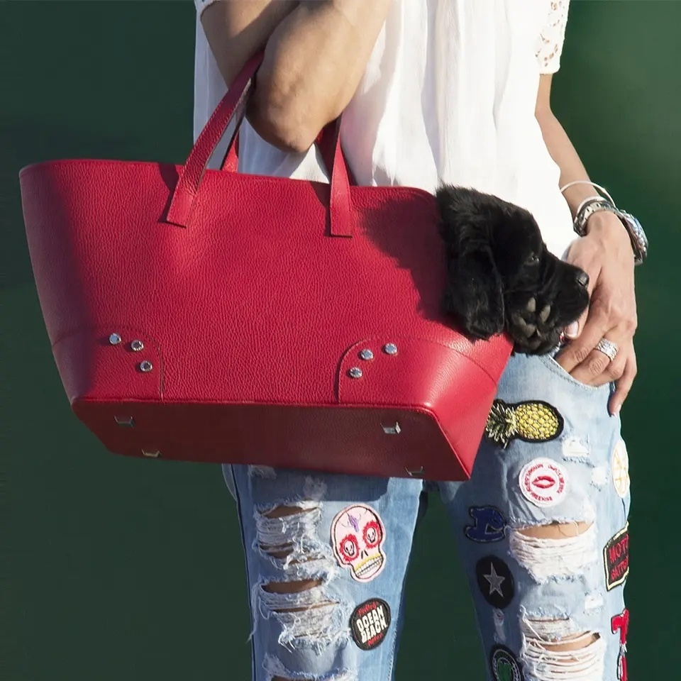 Custom Logo Red Pebble Leather Luxury Pet Dog Cat Travel Carrier Tote Bag Hand Purse For Small Animal