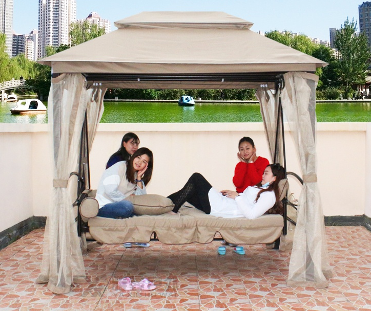 Hot selling patio garden 233cm height polyester fabric outdoor swing gazebo with 2 square pillows and 2 cylindrical pillows